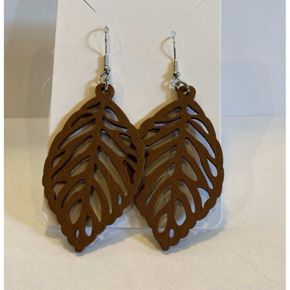 Earrings Wooden Leaf Laser Cut Lightweight Natural Wood Finish Dangle Drop Chic